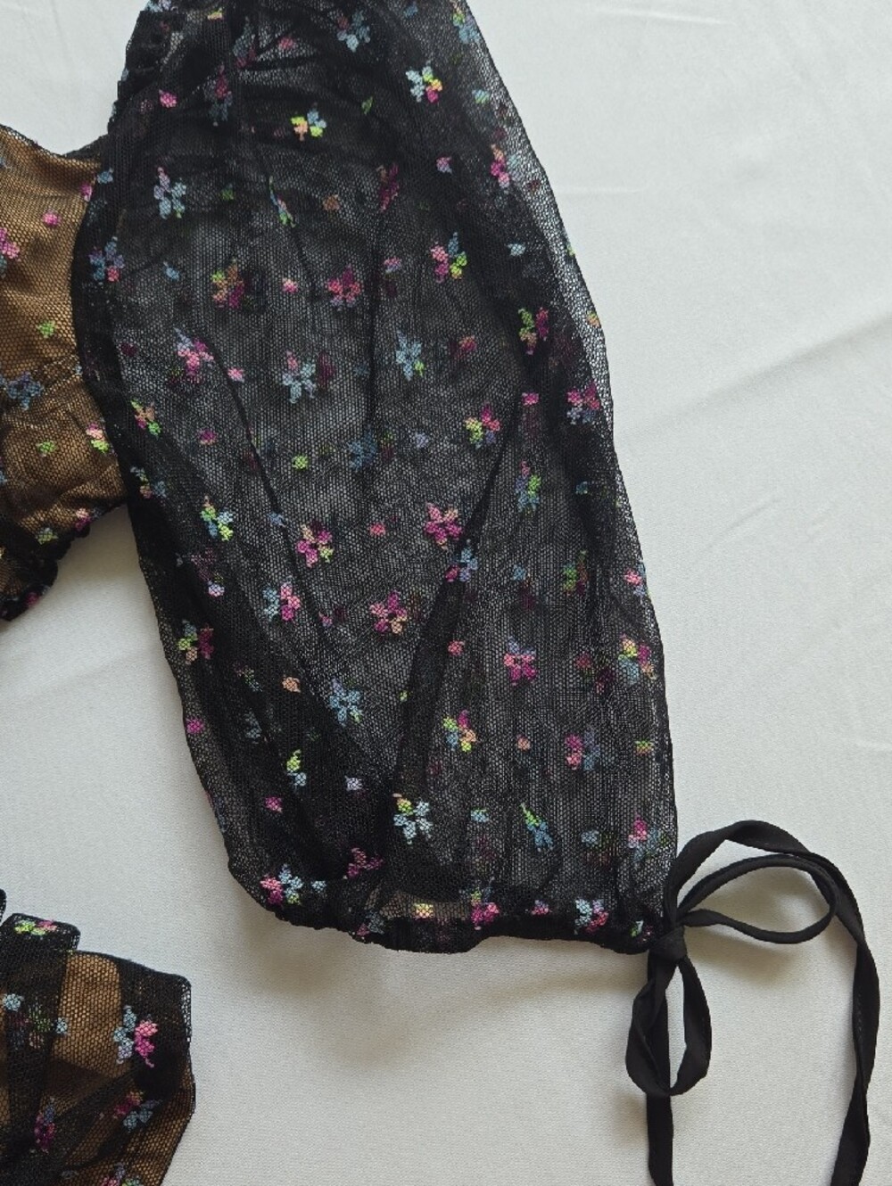 Blue Blush Black Sheer Ruched Mini Dress with Pink & Blue Floral Embroidery - Picture 7 of 7